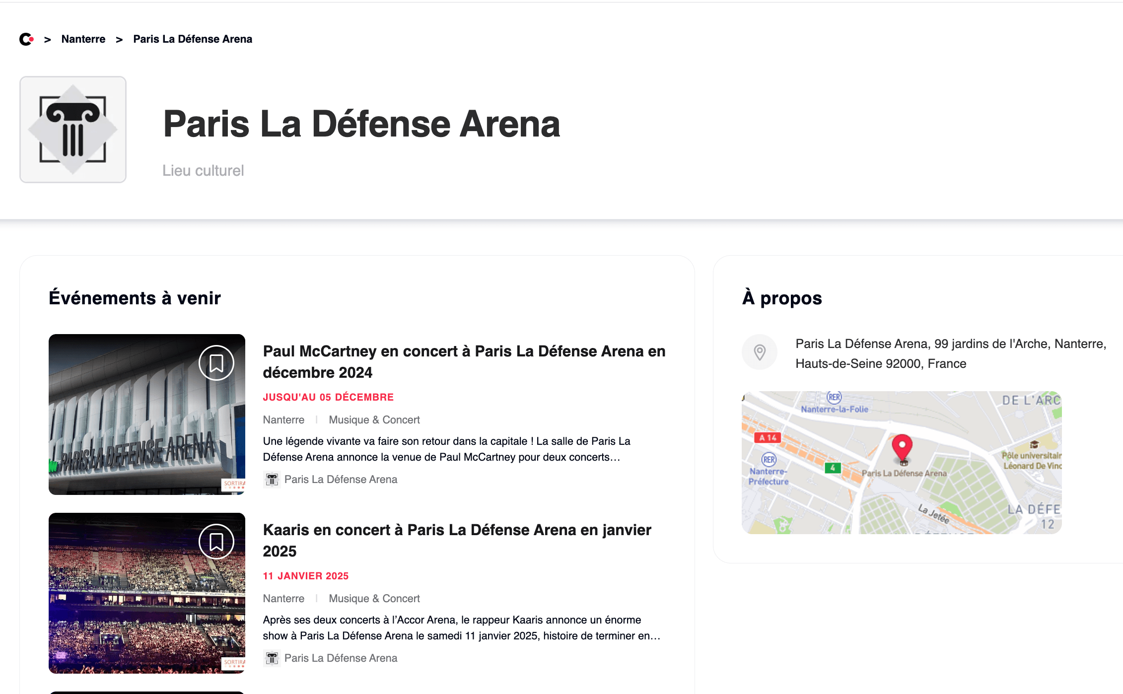 Screenshot of a venue's public profile page on the Culturius website, featuring cultural details about the venue, its description, location, and a comprehensive list of exhibitions, concerts, and cultural events organized by the venue.